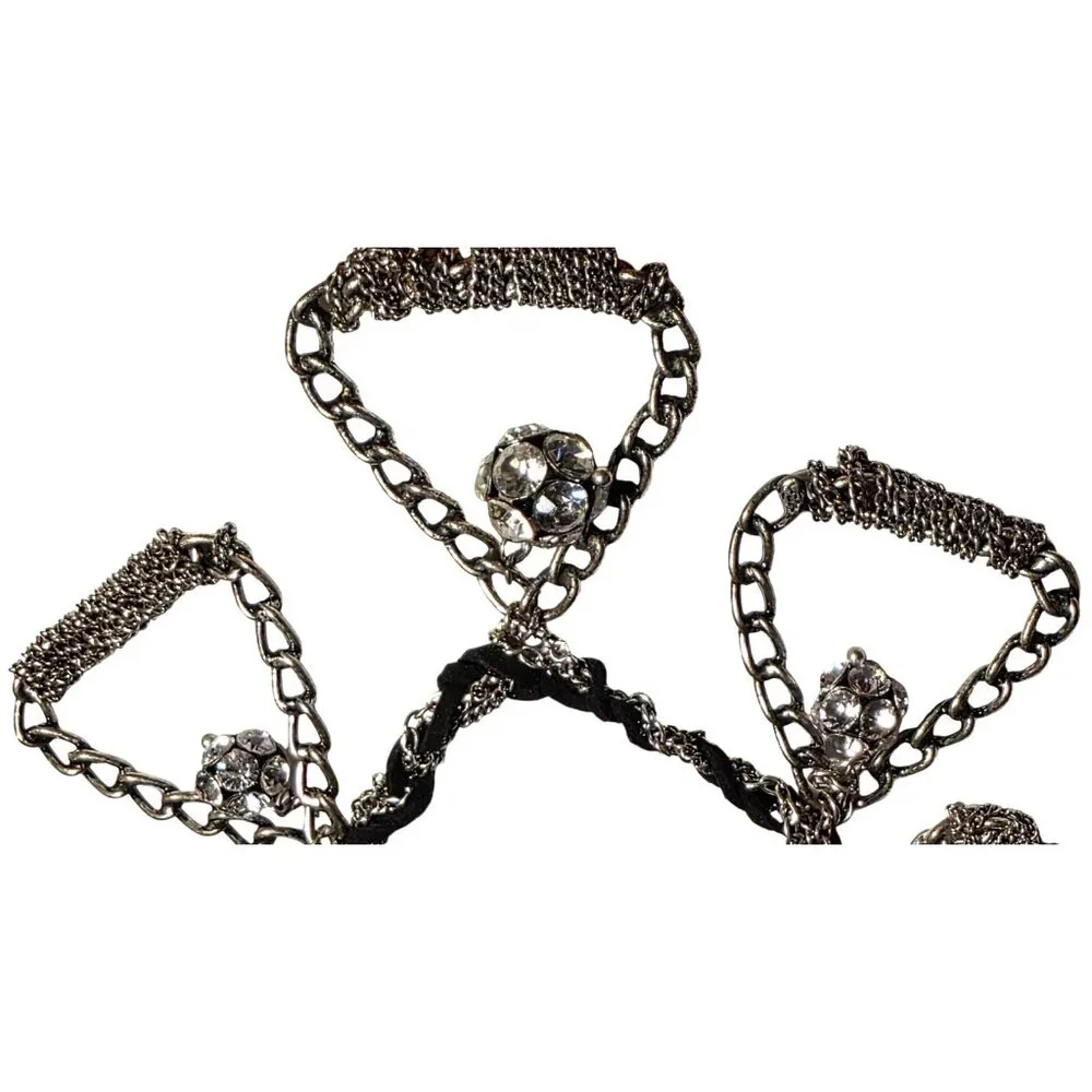 Vintage Necklace Efm Handmade Silver-Tone Statement Chain Rhinestone‎ Black Rope